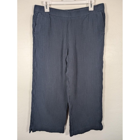 J Jill Pants Womens Medium Blue Textured Gauze Cotton Wide Leg Crop Pockets - Picture 1 of 12
